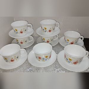 Set of 8 Floral Arcopal Teacups & Saucers Made in France